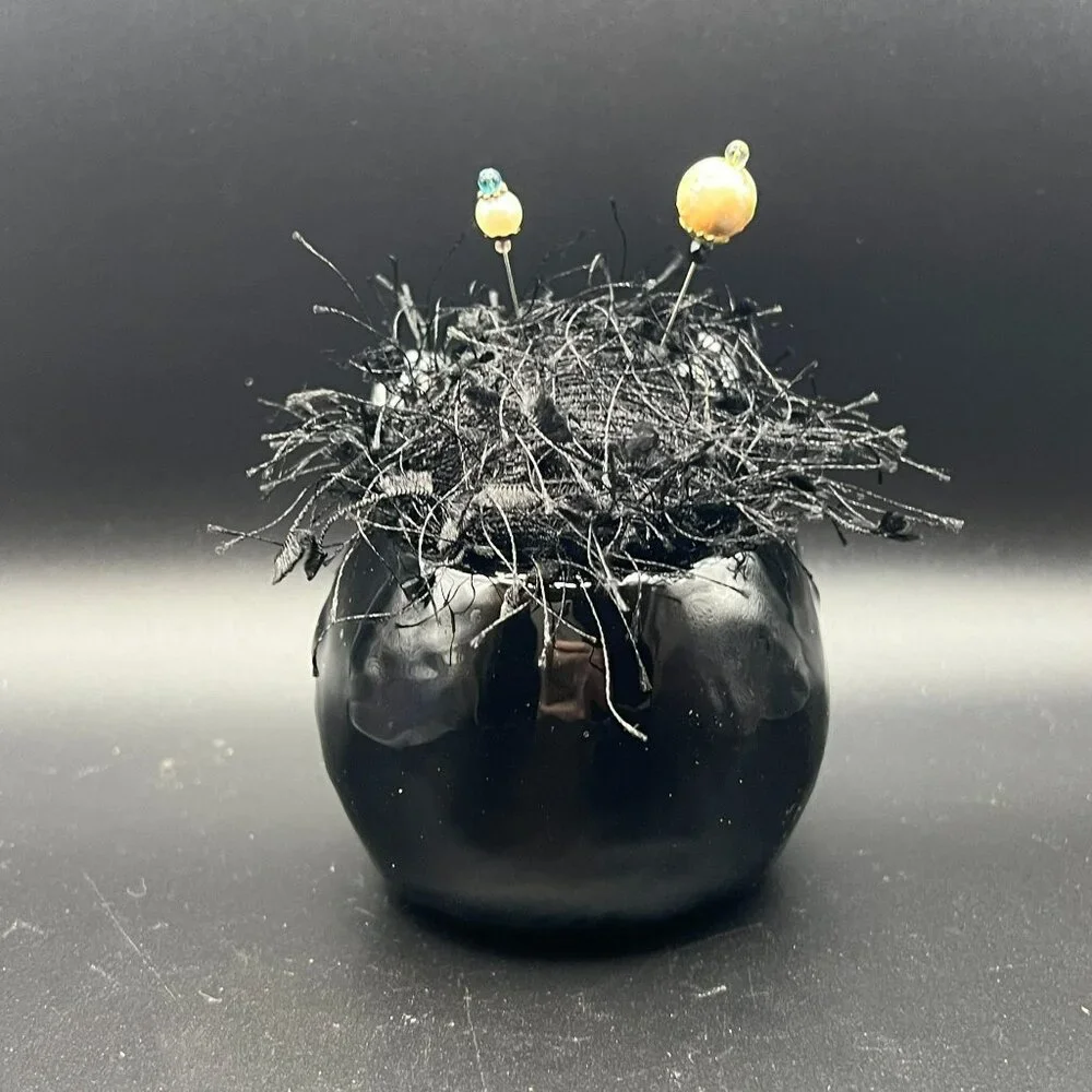 Ceramic Fierce Black Cat Pin‎ Cushion ~ Planter Pot Upcycled ~ Fun!